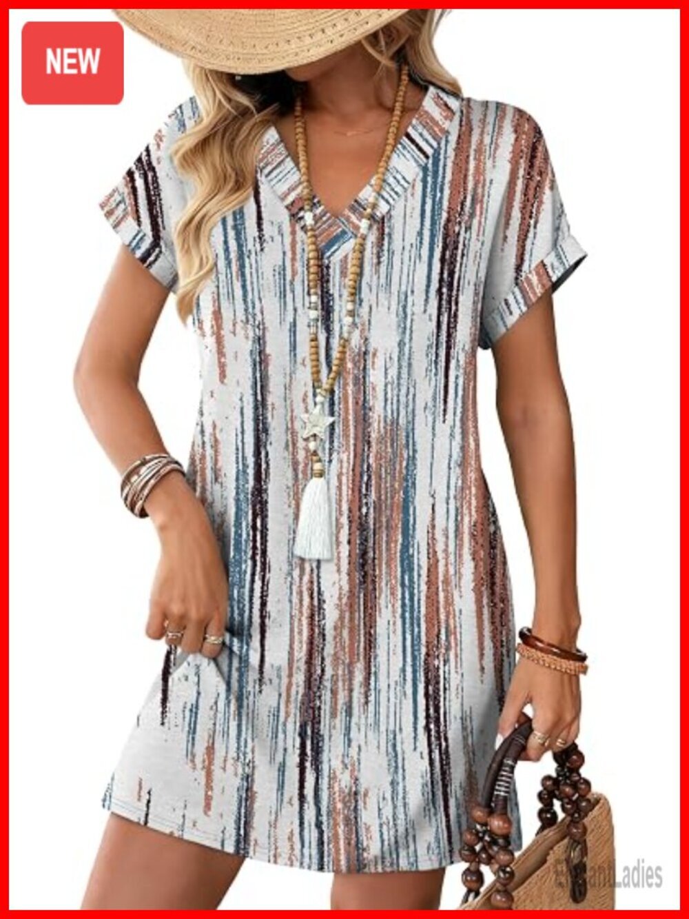 Casual T-Shirt Dress with Pockets V-Neck Short Sleeve Midi Dress